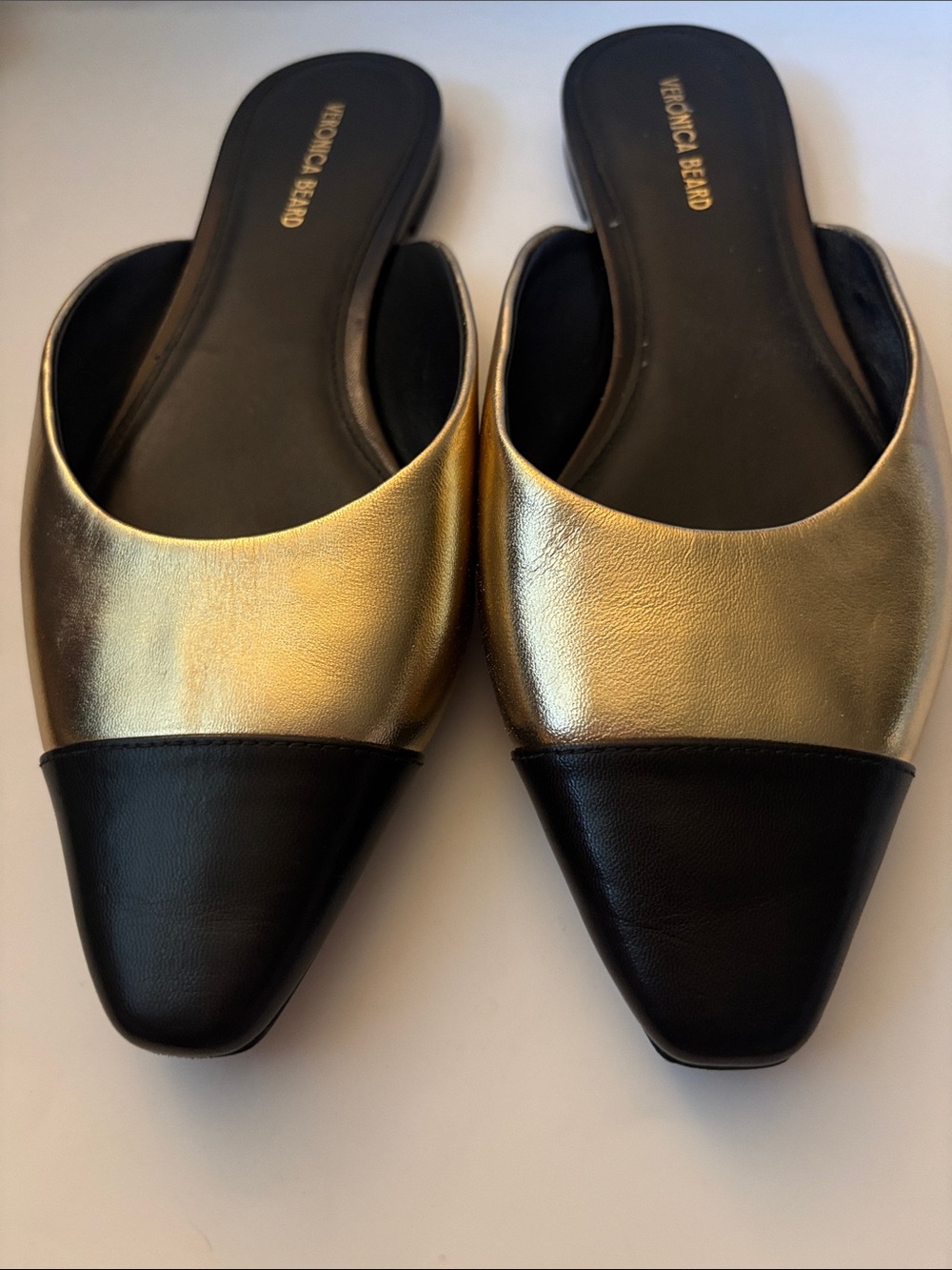 Veronica Beard Metallic Gold and Black Pointed Leather Mules - Picture 4 of 9